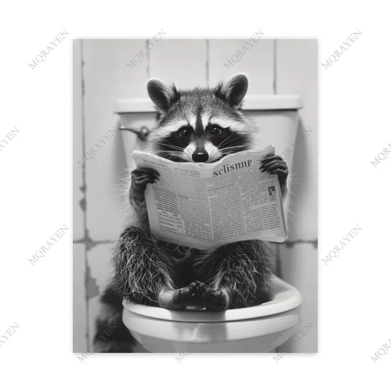 Cute Raccoon in the Toilet Funny Animal Bathroom Posters Prints Canvas Painting Home Decor