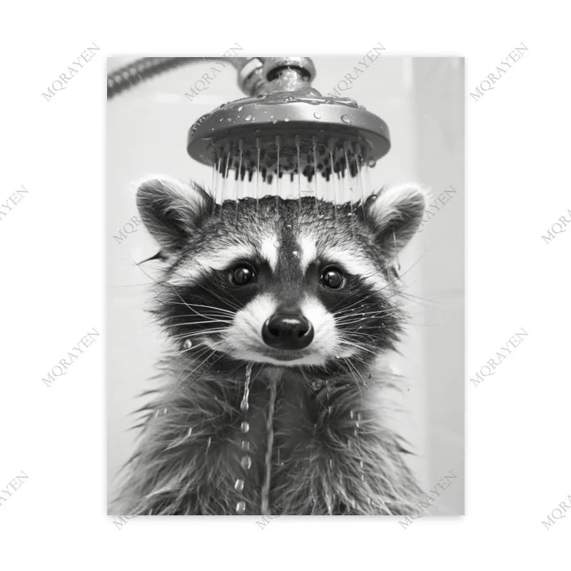 Cute Raccoon in the Toilet Funny Animal Bathroom Posters Prints Canvas Painting Home Decor