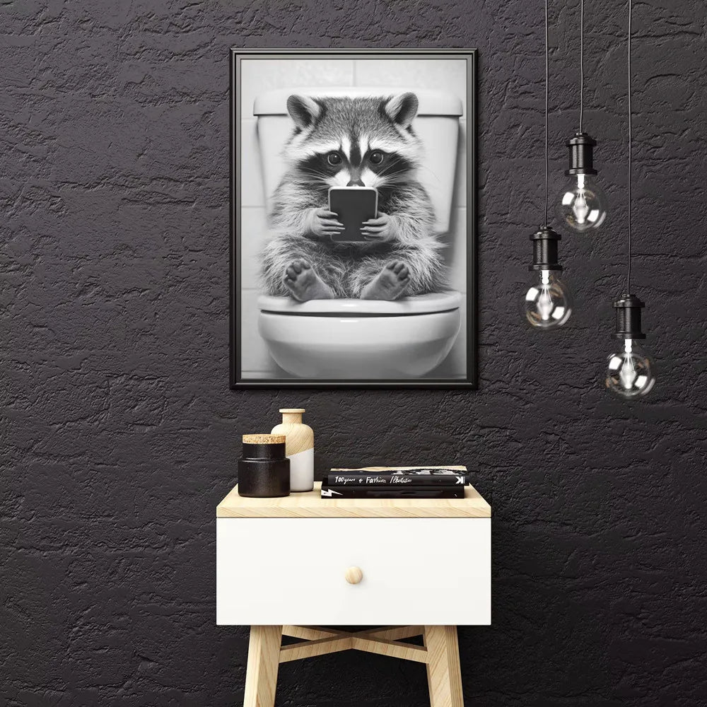 Cute Raccoon in the Toilet Funny Animal Bathroom Posters Prints Canvas Painting Home Decor