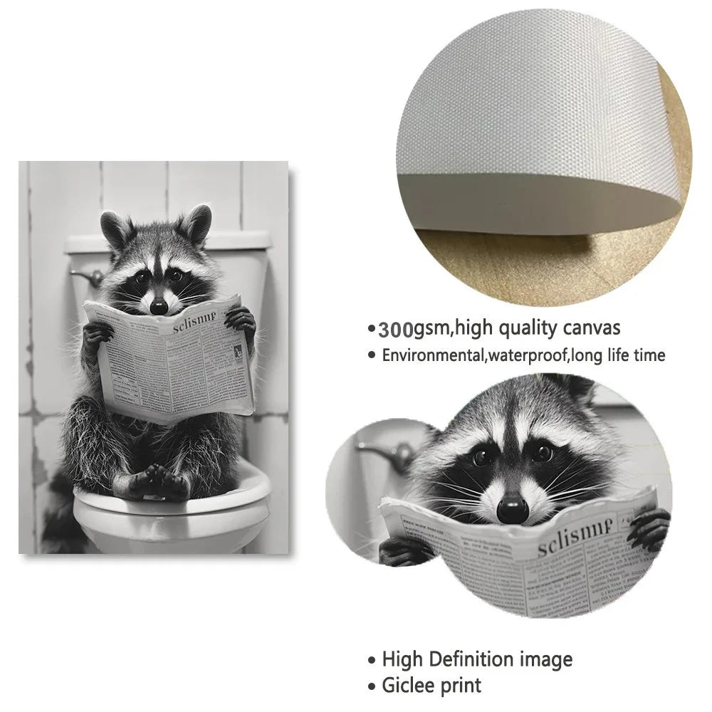 Cute Raccoon in the Toilet Funny Animal Bathroom Posters Prints Canvas Painting Home Decor