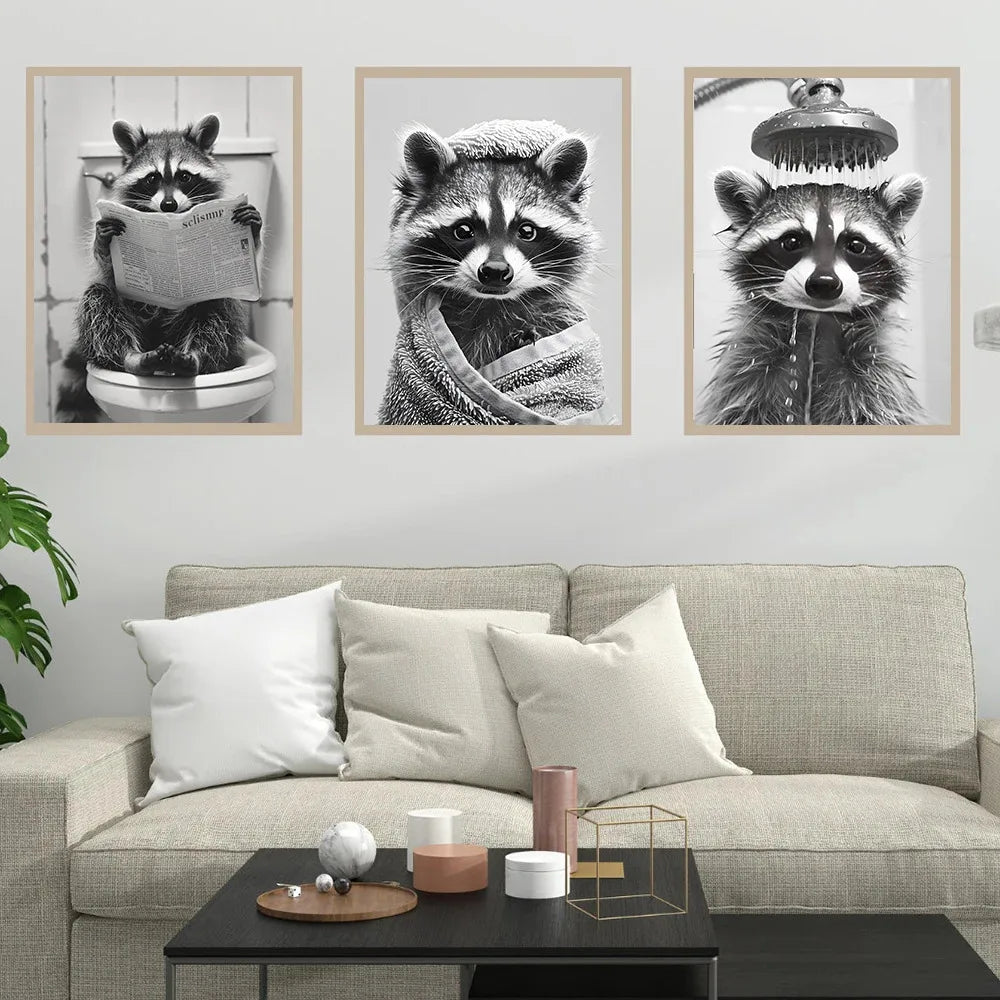 Cute Raccoon in the Toilet Funny Animal Bathroom Posters Prints Canvas Painting Home Decor