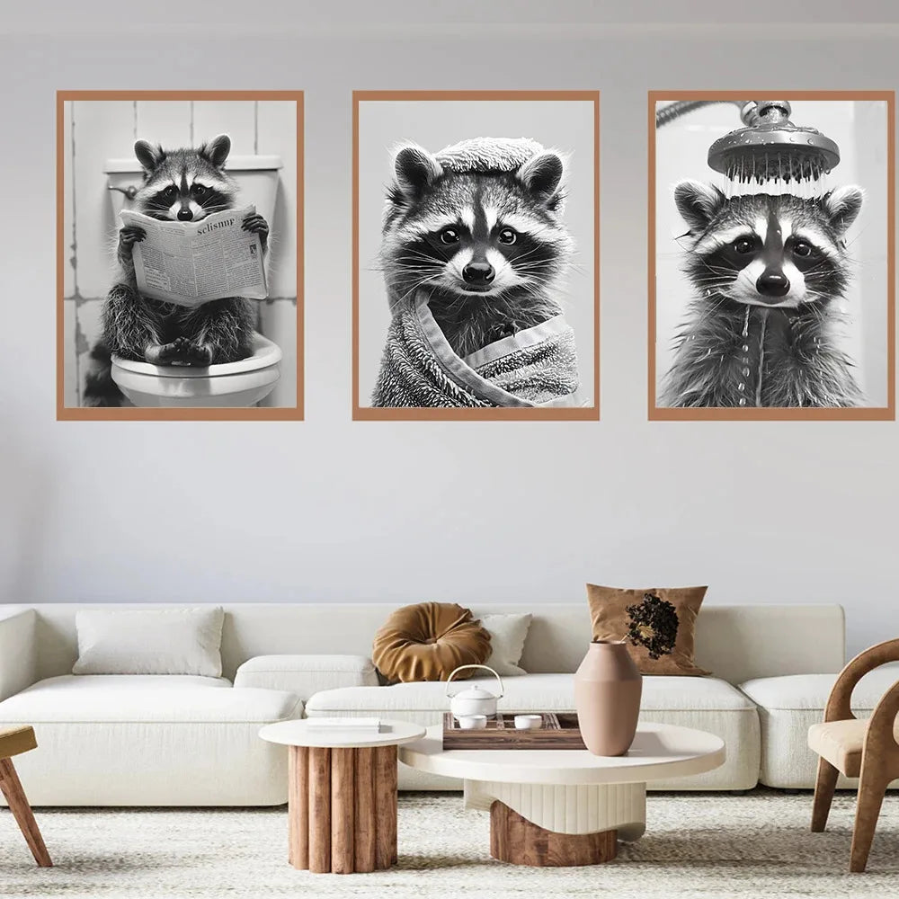 Cute Raccoon in the Toilet Funny Animal Bathroom Posters Prints Canvas Painting Home Decor