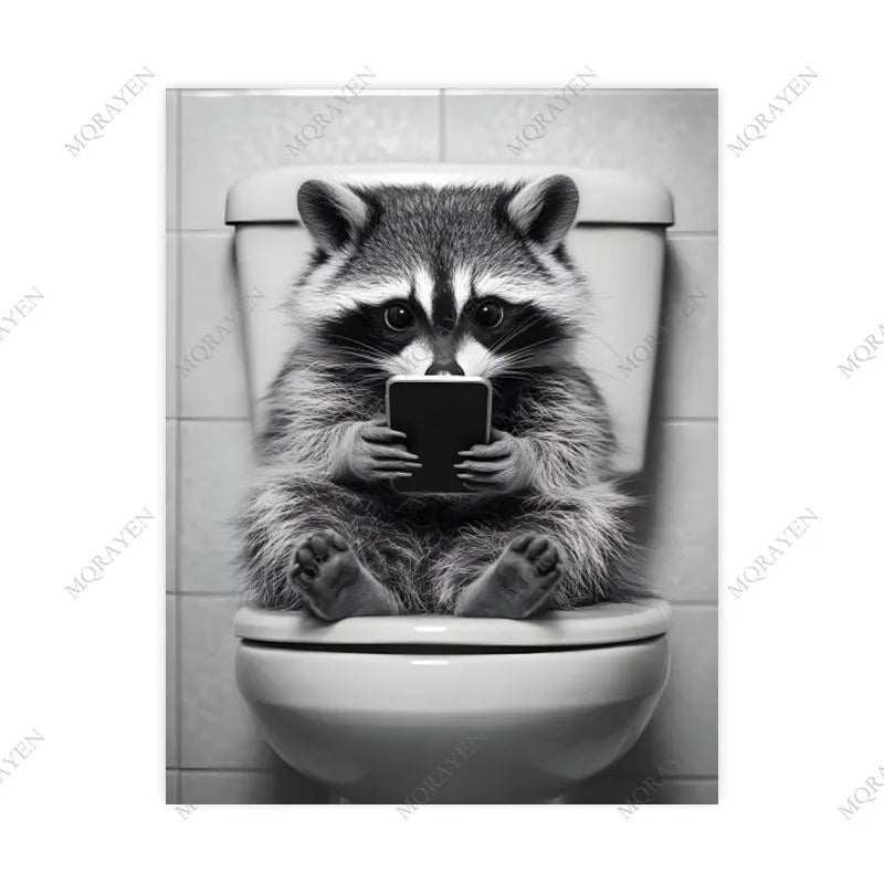 Cute Raccoon in the Toilet Funny Animal Bathroom Posters Prints Canvas Painting Home Decor