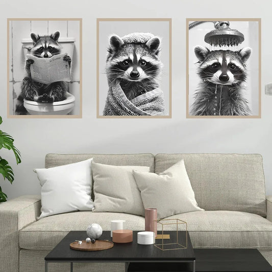 Cute Raccoon in the Toilet Funny Animal Bathroom Posters Prints Canvas Painting Home Decor